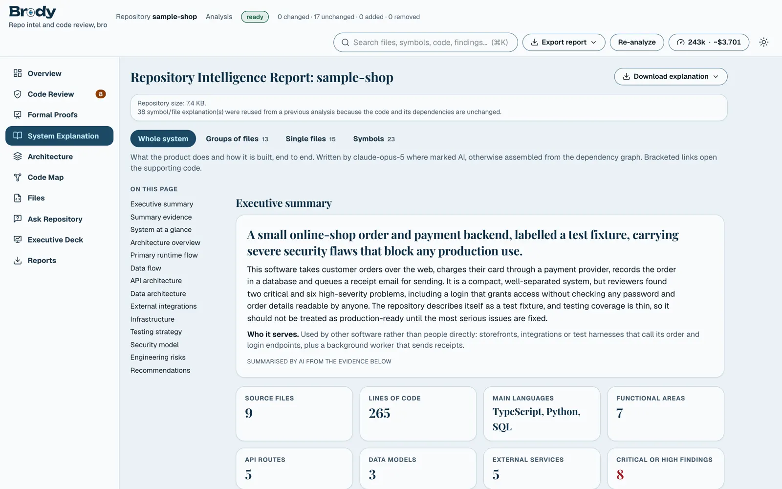 System explanation at the whole-system level, with statements linked to source.