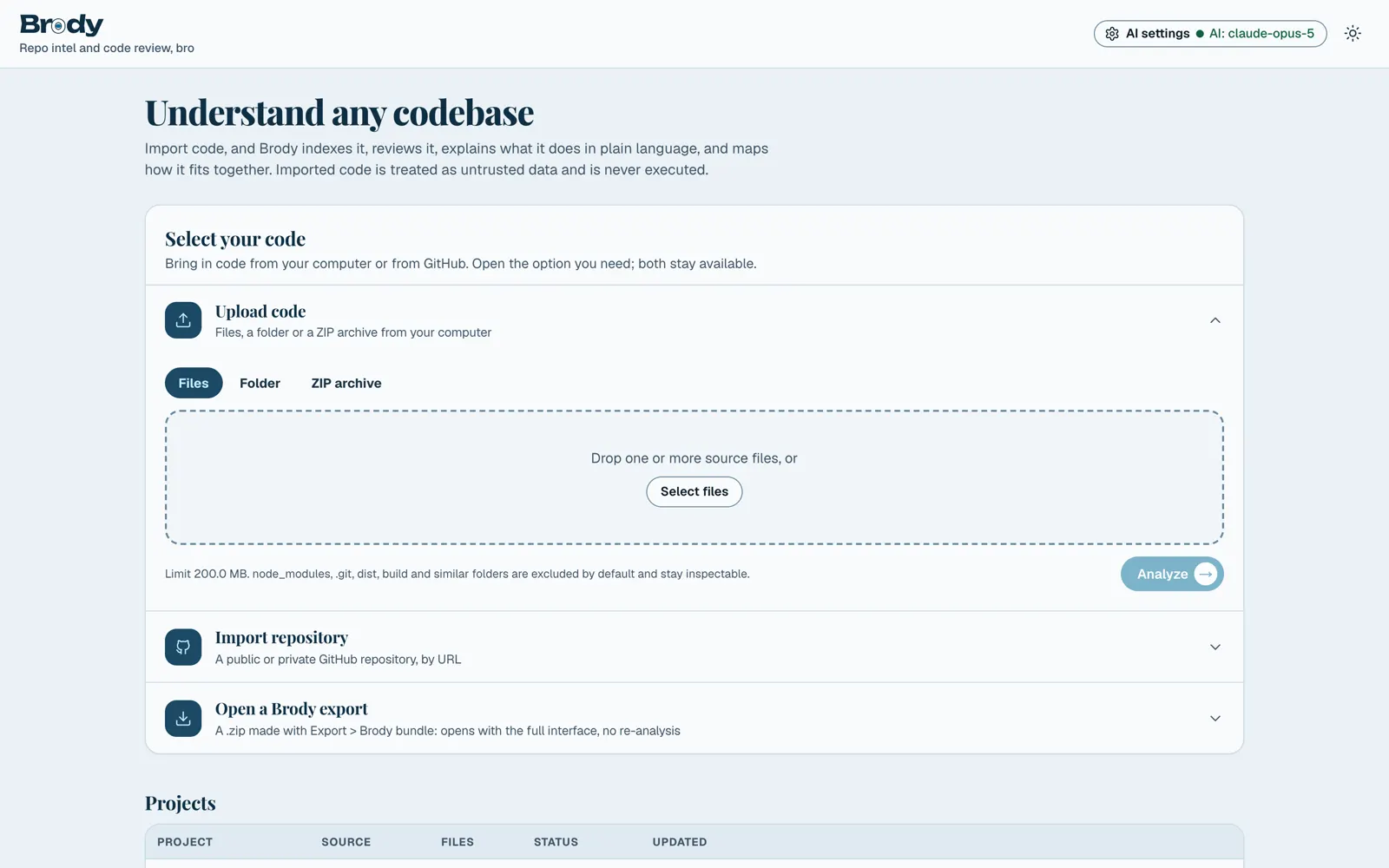 Home: upload files, a folder, or a ZIP, import from GitHub, or open a Brody export.
