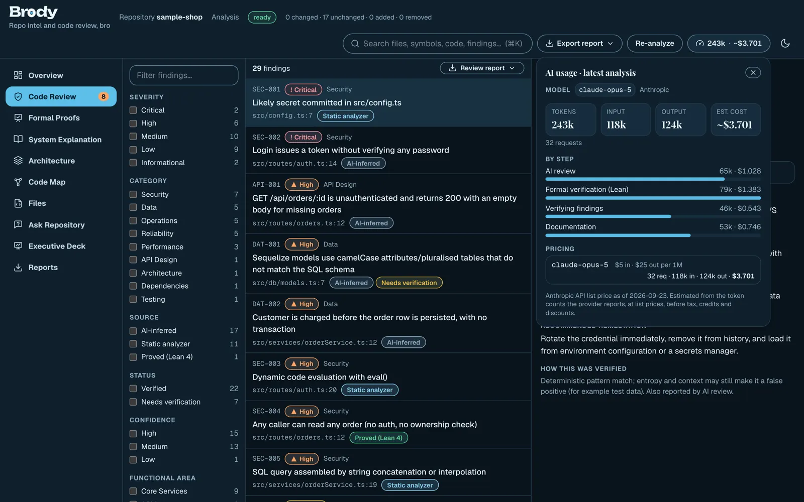 The AI usage gauge: live tokens and estimated cost, with the model, a per-step breakdown, and the pricing basis.