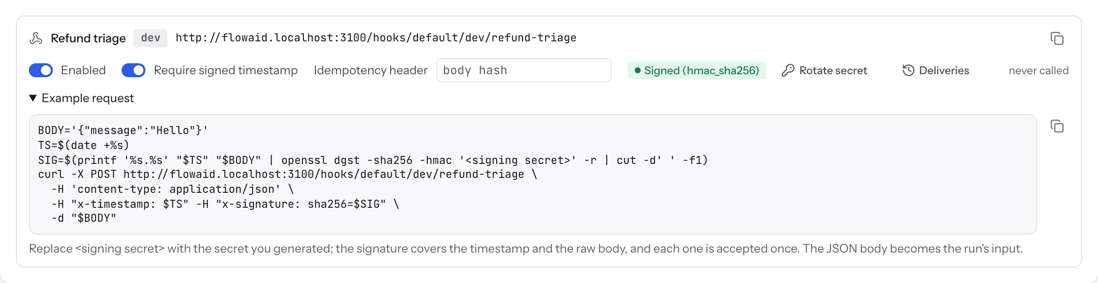 A live webhook signed with HMAC SHA-256, with the example curl request expanded