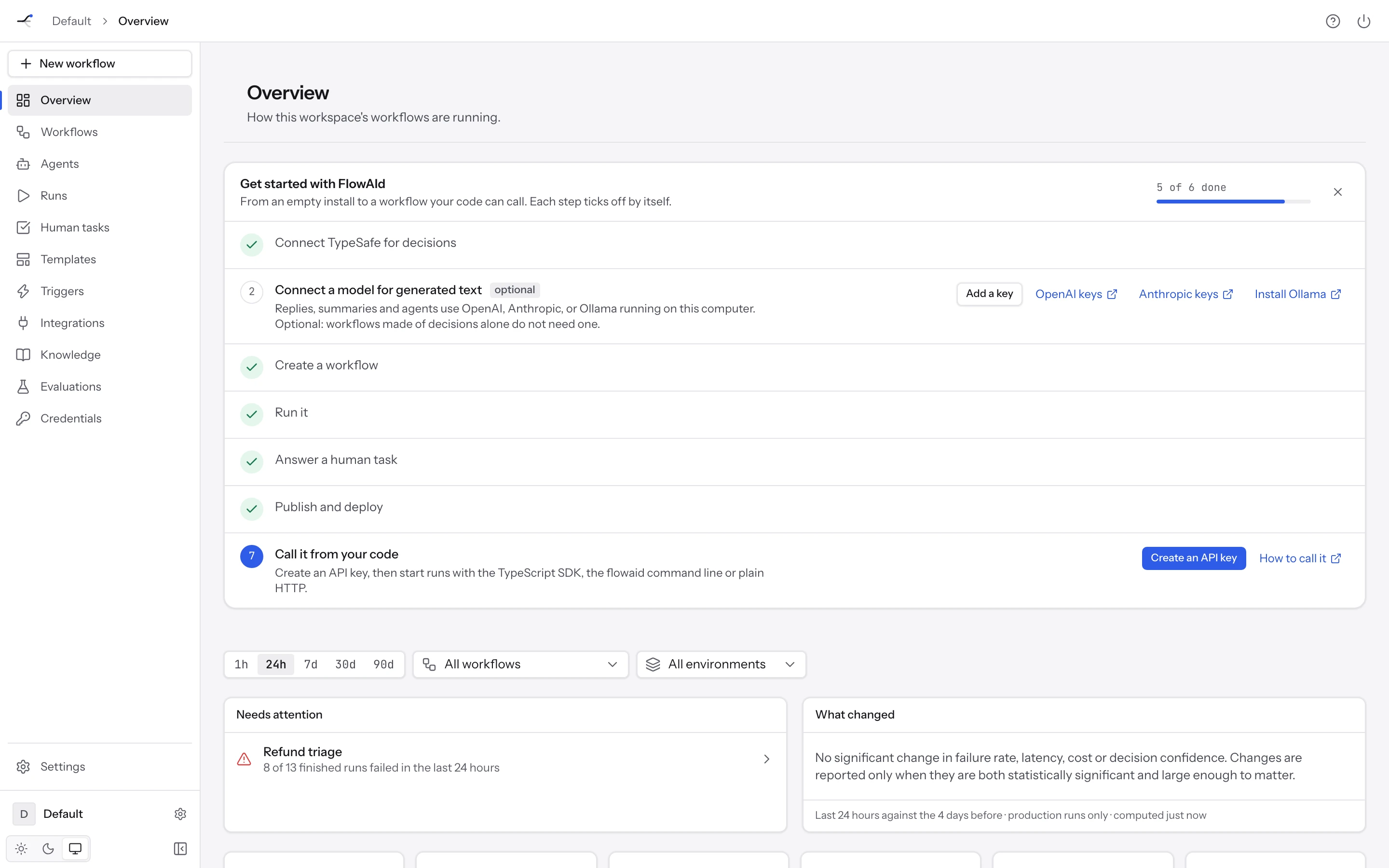 The Overview with the getting started checklist and the run metrics
