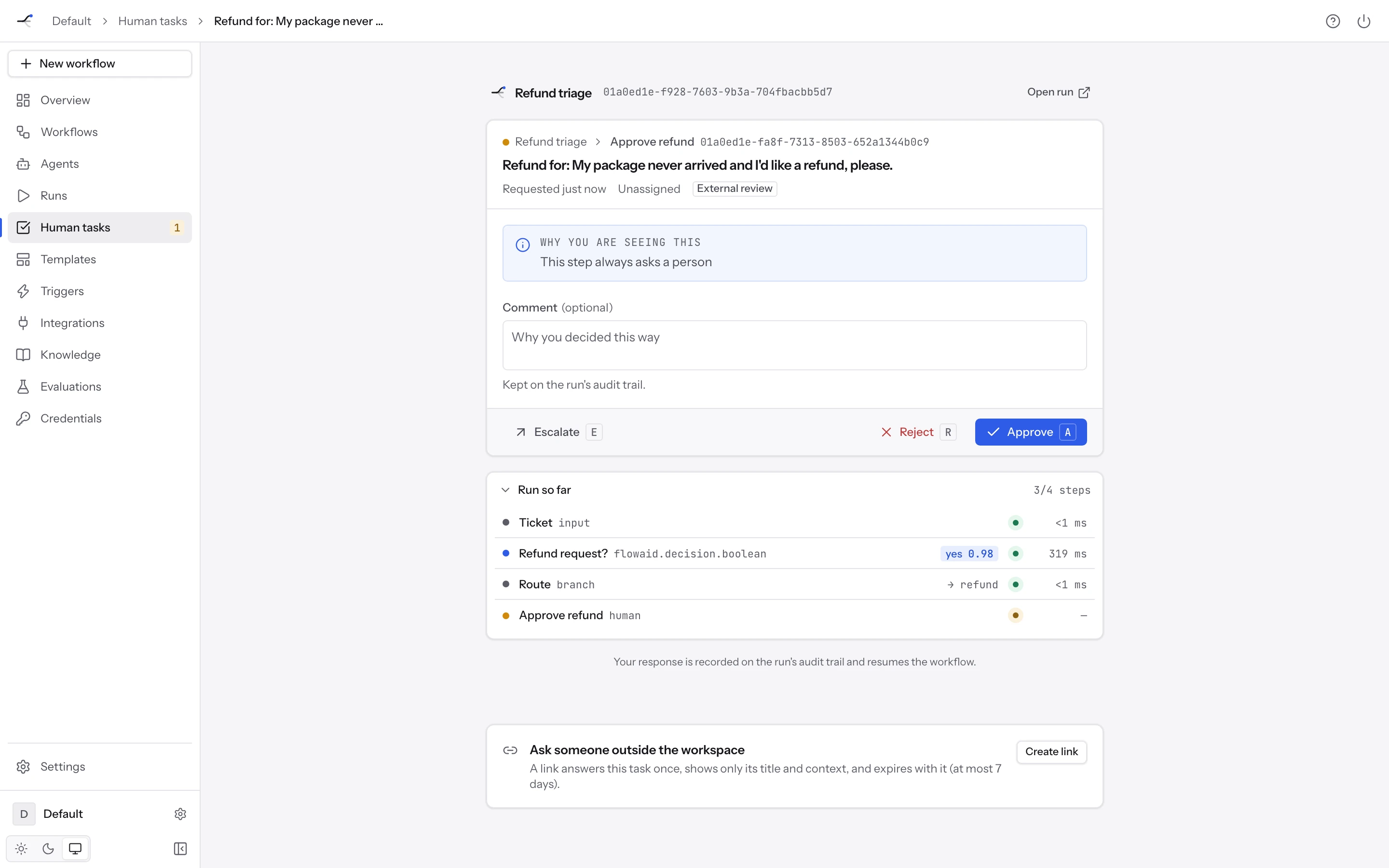 The human task page with the approval card, the run so far and the external review link