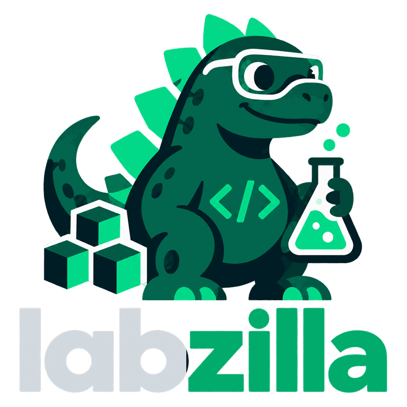 labzilla: a green kaiju in safety goggles holding a bubbling flask, beside a stack of cubes, above the wordmark labzilla