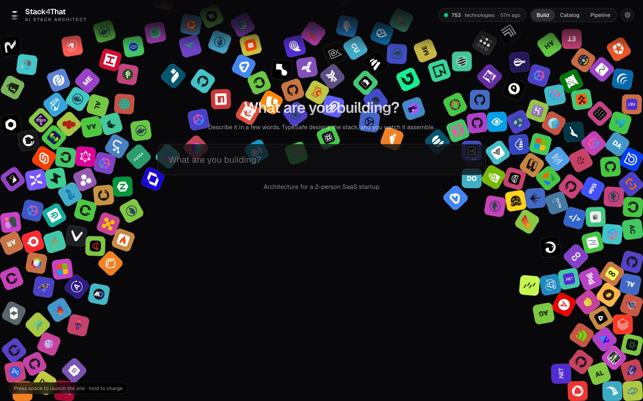 Logo blocks suspended across the canvas after a space-bar launch, with the command bar reading “make it open source.”