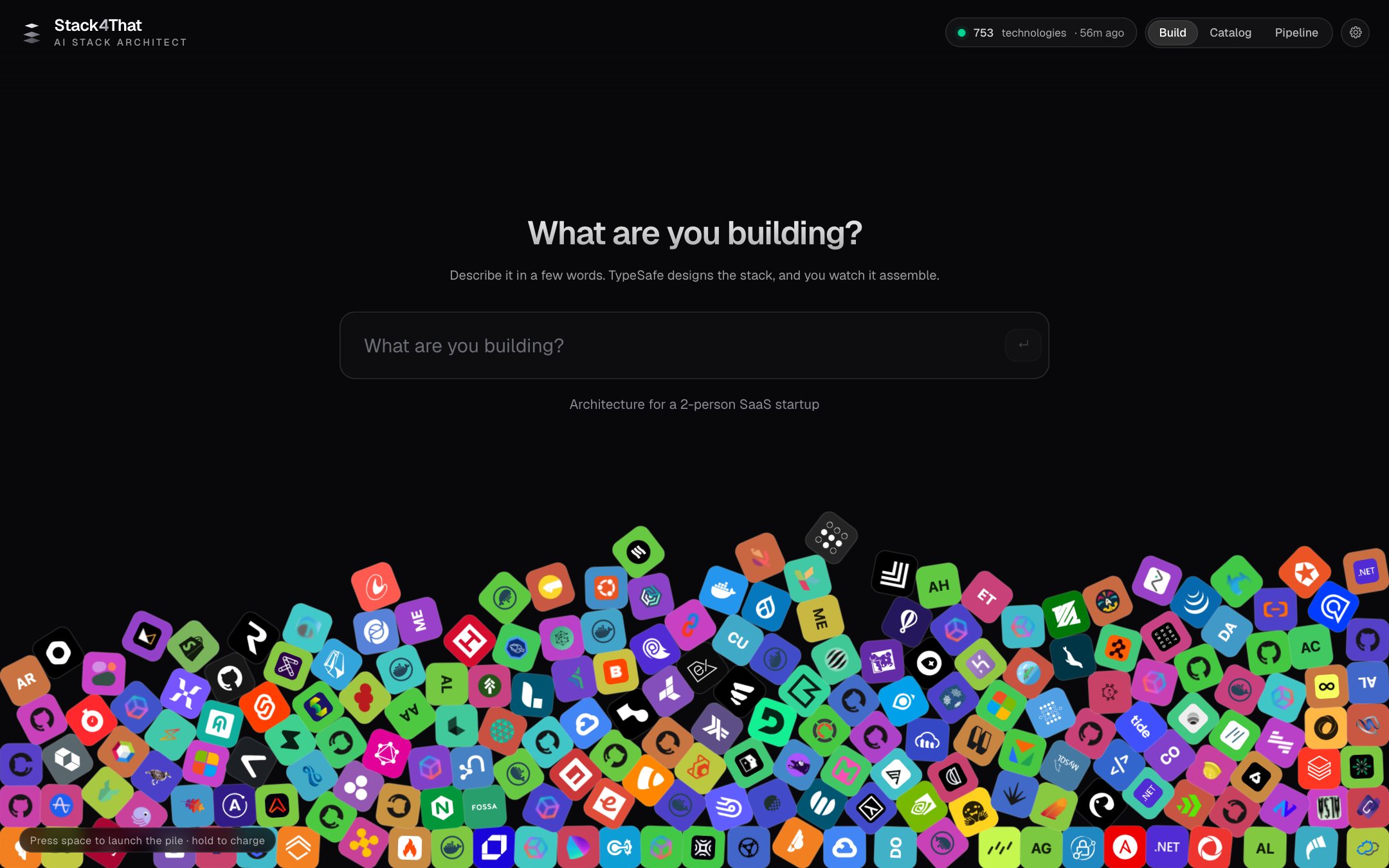 The technology universe: a dark canvas crowded with physics-driven logo blocks, and a command bar reading “Build the stack for a real-time AI news application.”